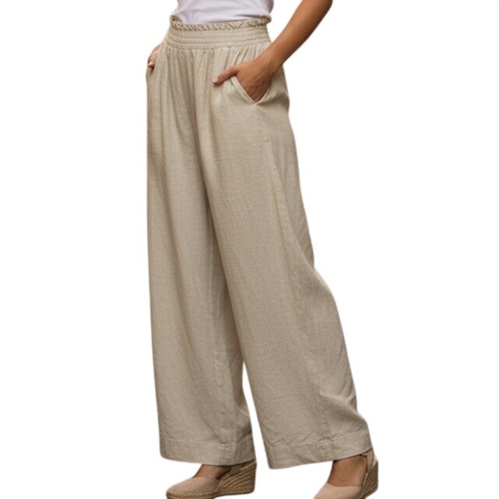 Land 'n Sea Wide Leg Pants Women M Beige Linen Blend Smocked Elastic Waist High